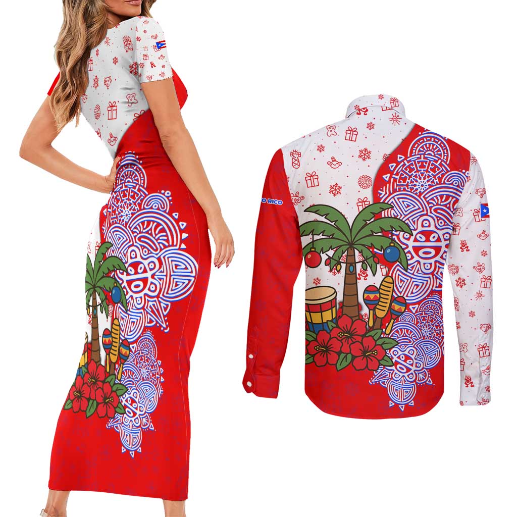 Puerto Rico Christmas Couples Matching Short Sleeve Bodycon Dress and Long Sleeve Button Shirt with Taino Symbols Palm Tree Bongos and Holiday Pattern Design - Wonder Print Shop