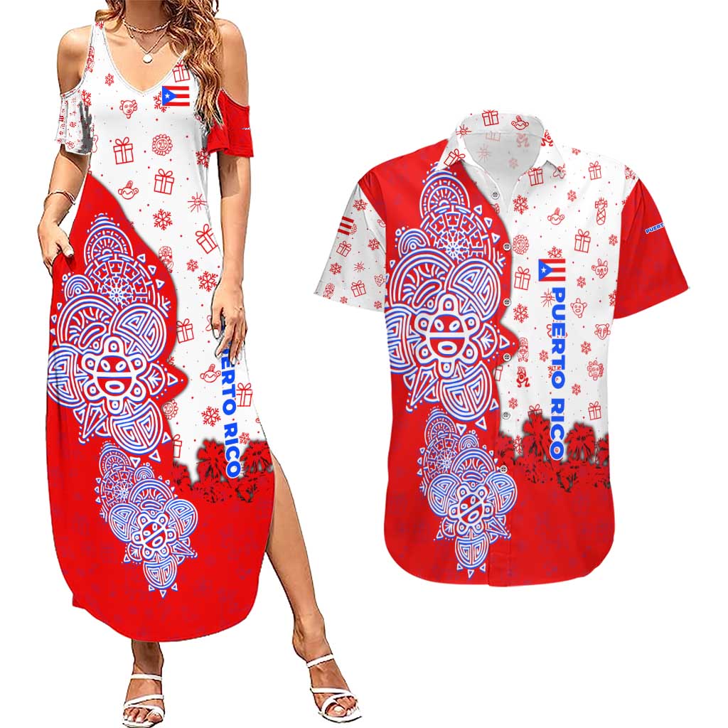 Puerto Rico Christmas Couples Matching Summer Maxi Dress and Hawaiian Shirt with Taino Symbols Palm Tree Bongos and Holiday Pattern Design - Wonder Print Shop