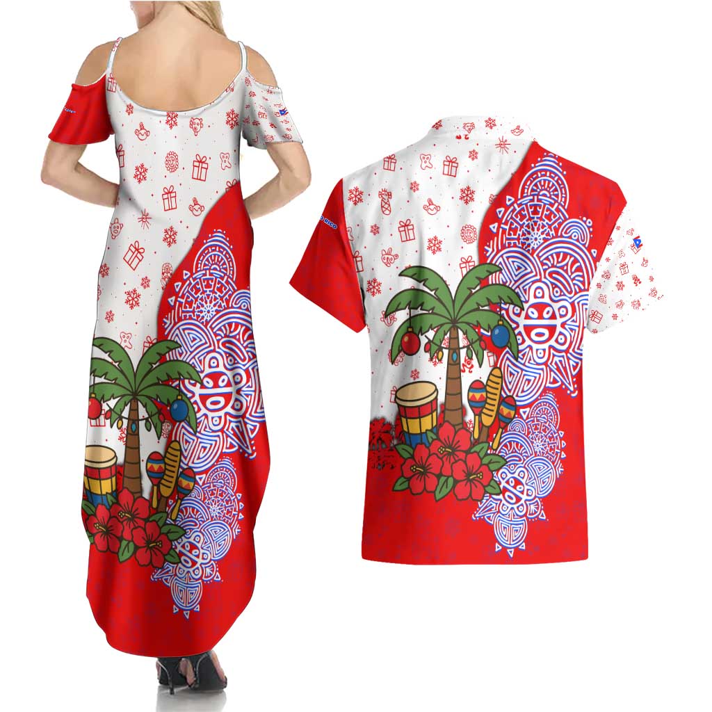 Puerto Rico Christmas Couples Matching Summer Maxi Dress and Hawaiian Shirt with Taino Symbols Palm Tree Bongos and Holiday Pattern Design - Wonder Print Shop