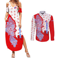 Puerto Rico Christmas Couples Matching Summer Maxi Dress and Long Sleeve Button Shirt with Taino Symbols Palm Tree Bongos and Holiday Pattern Design - Wonder Print Shop