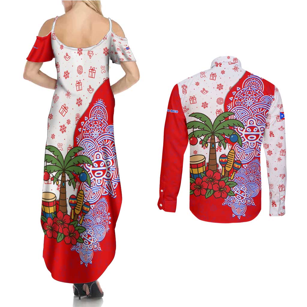 Puerto Rico Christmas Couples Matching Summer Maxi Dress and Long Sleeve Button Shirt with Taino Symbols Palm Tree Bongos and Holiday Pattern Design - Wonder Print Shop