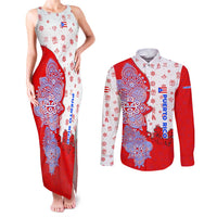Puerto Rico Christmas Couples Matching Tank Maxi Dress and Long Sleeve Button Shirt with Taino Symbols Palm Tree Bongos and Holiday Pattern Design - Wonder Print Shop