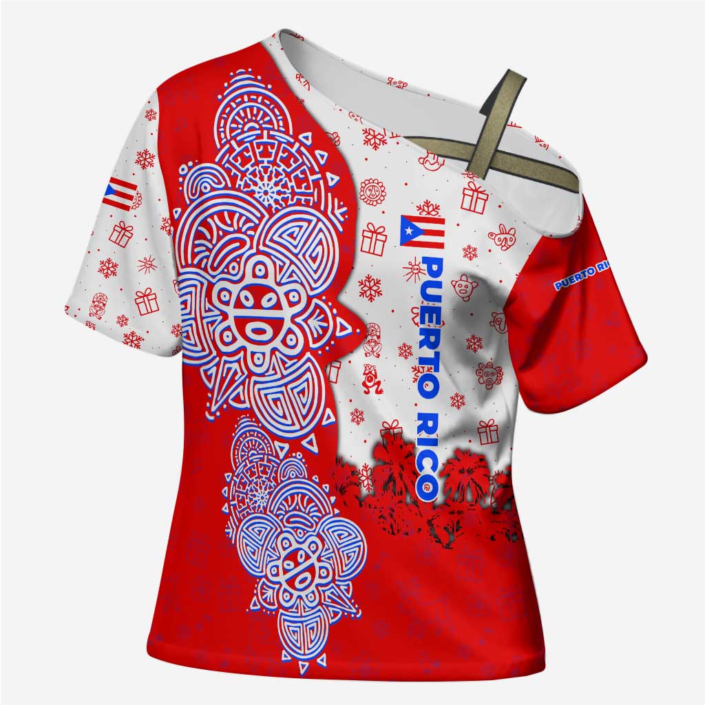 Puerto Rico Christmas Cross Shoulder Shirt with Taino Symbols Palm Tree Bongos and Holiday Pattern Design - Wonder Print Shop