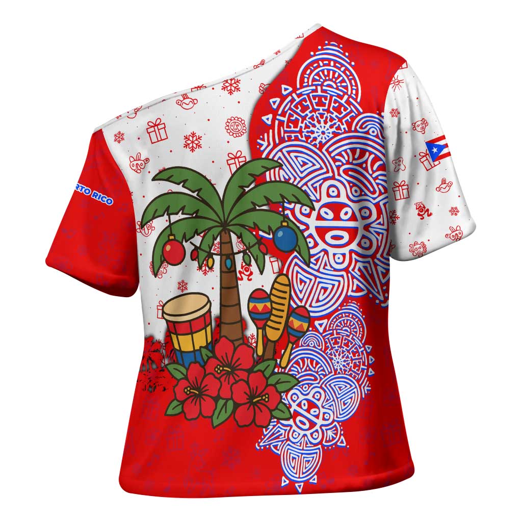 Puerto Rico Christmas Cross Shoulder Shirt with Taino Symbols Palm Tree Bongos and Holiday Pattern Design - Wonder Print Shop