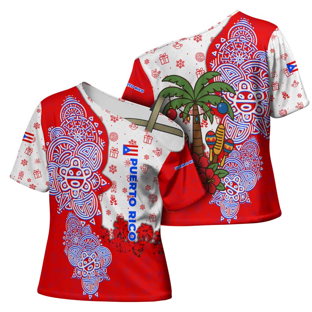 Puerto Rico Christmas Cross Shoulder Shirt with Taino Symbols Palm Tree Bongos and Holiday Pattern Design - Wonder Print Shop