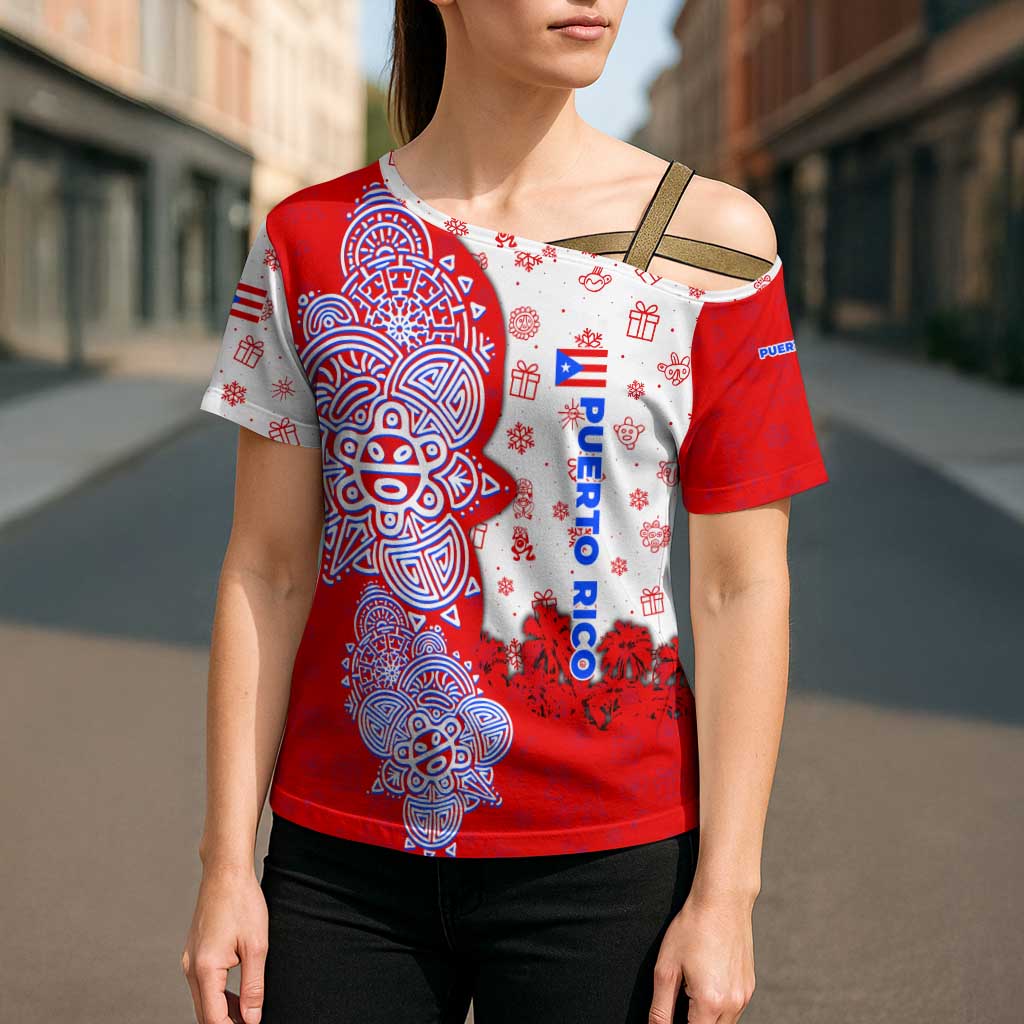 Puerto Rico Christmas Cross Shoulder Shirt with Taino Symbols Palm Tree Bongos and Holiday Pattern Design - Wonder Print Shop