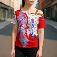 Puerto Rico Christmas Cross Shoulder Shirt with Taino Symbols Palm Tree Bongos and Holiday Pattern Design - Wonder Print Shop