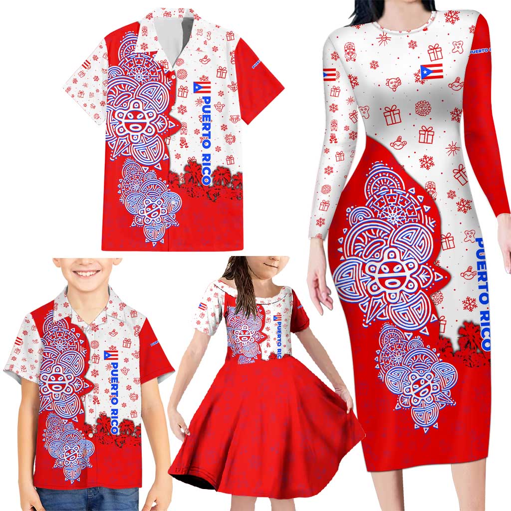 Puerto Rico Christmas Family Matching Long Sleeve Bodycon Dress and Hawaiian Shirt with Taino Symbols Palm Tree Bongos and Holiday Pattern Design - Wonder Print Shop