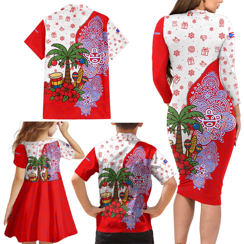 Puerto Rico Christmas Family Matching Long Sleeve Bodycon Dress and Hawaiian Shirt with Taino Symbols Palm Tree Bongos and Holiday Pattern Design - Wonder Print Shop
