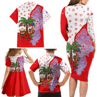 Puerto Rico Christmas Family Matching Long Sleeve Bodycon Dress and Hawaiian Shirt with Taino Symbols Palm Tree Bongos and Holiday Pattern Design - Wonder Print Shop