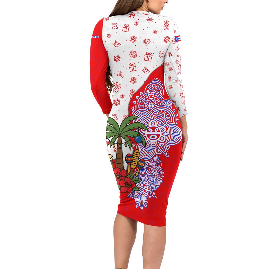 Puerto Rico Christmas Family Matching Long Sleeve Bodycon Dress and Hawaiian Shirt with Taino Symbols Palm Tree Bongos and Holiday Pattern Design - Wonder Print Shop