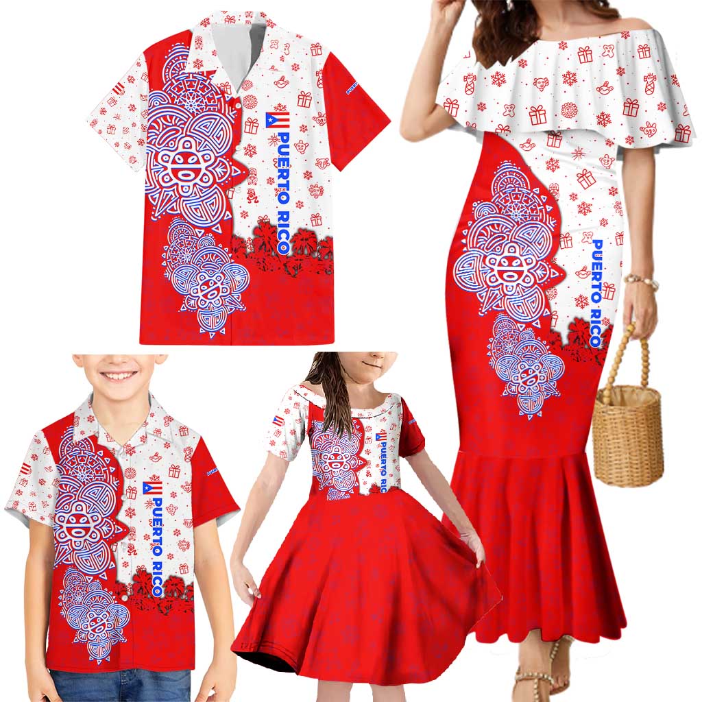 Puerto Rico Christmas Family Matching Mermaid Dress and Hawaiian Shirt with Taino Symbols Palm Tree Bongos and Holiday Pattern Design - Wonder Print Shop