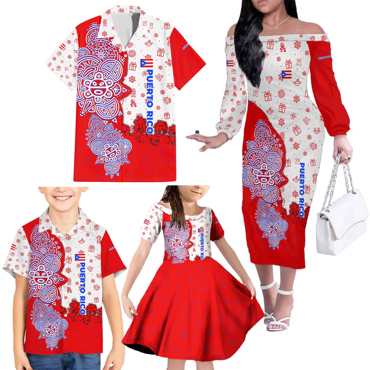 Puerto Rico Christmas Family Matching Off The Shoulder Long Sleeve Dress and Hawaiian Shirt with Taino Symbols Palm Tree Bongos and Holiday Pattern Design - Wonder Print Shop