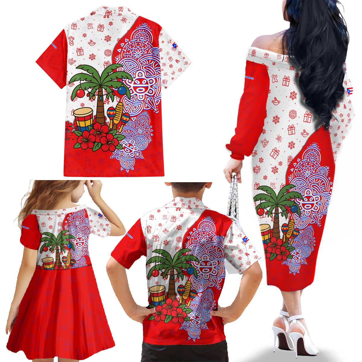 Puerto Rico Christmas Family Matching Off The Shoulder Long Sleeve Dress and Hawaiian Shirt with Taino Symbols Palm Tree Bongos and Holiday Pattern Design - Wonder Print Shop