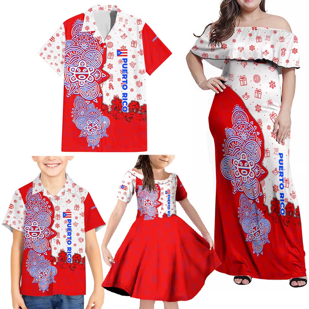 Puerto Rico Christmas Family Matching Off Shoulder Maxi Dress and Hawaiian Shirt with Taino Symbols Palm Tree Bongos and Holiday Pattern Design - Wonder Print Shop