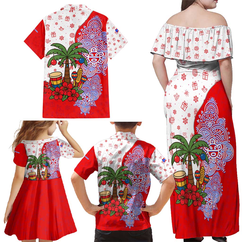 Puerto Rico Christmas Family Matching Off Shoulder Maxi Dress and Hawaiian Shirt with Taino Symbols Palm Tree Bongos and Holiday Pattern Design - Wonder Print Shop
