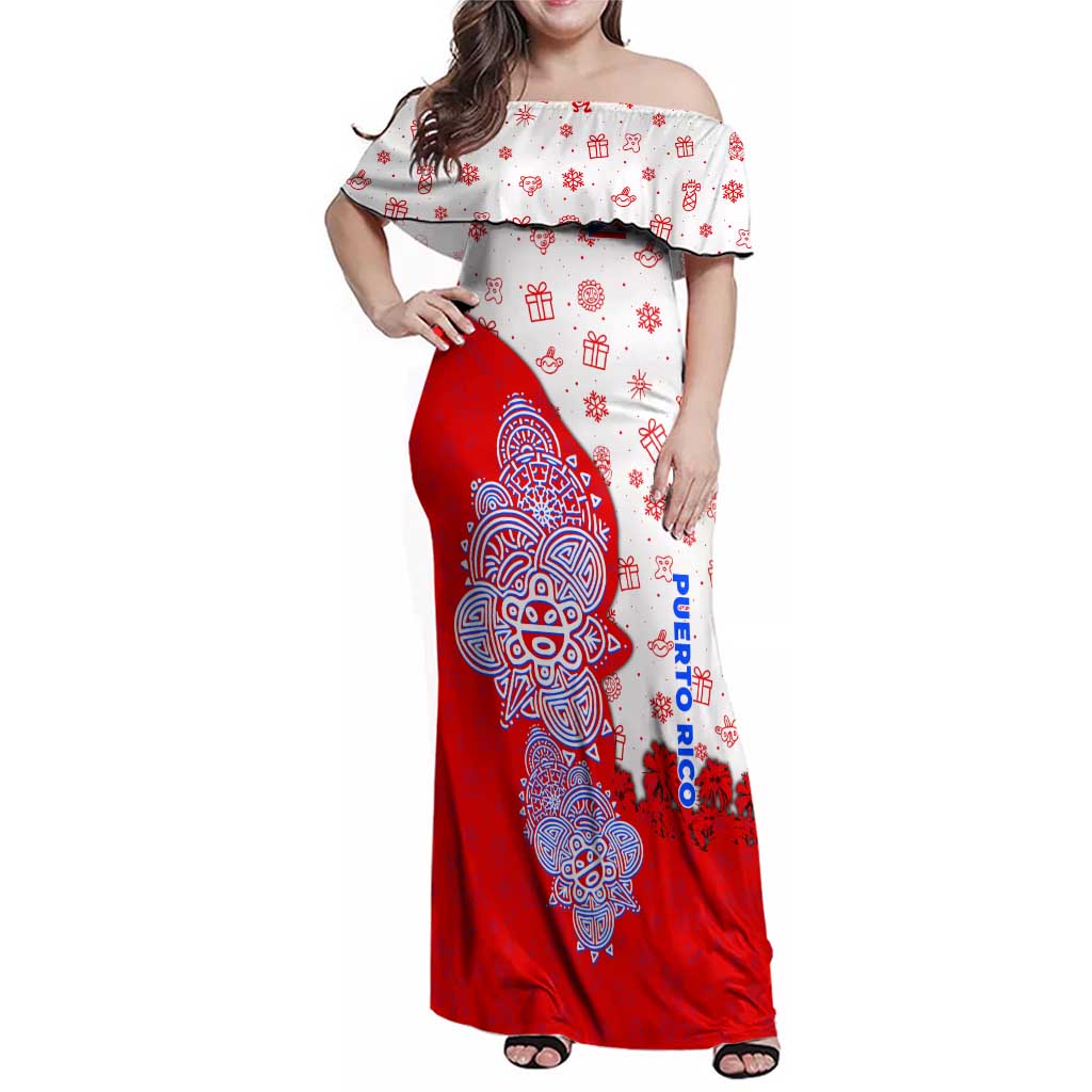 Puerto Rico Christmas Family Matching Off Shoulder Maxi Dress and Hawaiian Shirt with Taino Symbols Palm Tree Bongos and Holiday Pattern Design - Wonder Print Shop