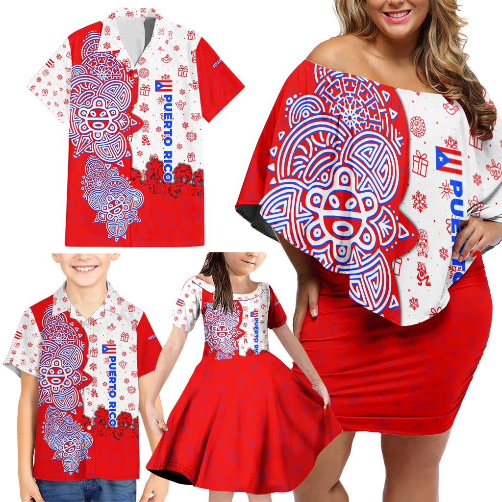 Puerto Rico Christmas Family Matching Off Shoulder Short Dress and Hawaiian Shirt with Taino Symbols Palm Tree Bongos and Holiday Pattern Design - Wonder Print Shop