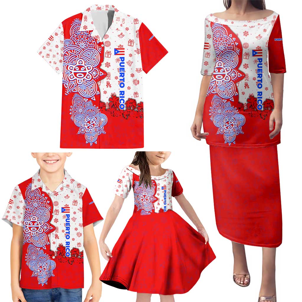 Puerto Rico Christmas Family Matching Puletasi and Hawaiian Shirt with Taino Symbols Palm Tree Bongos and Holiday Pattern Design - Wonder Print Shop