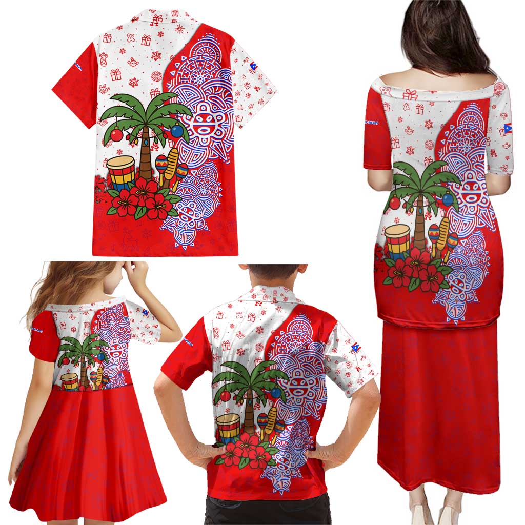 Puerto Rico Christmas Family Matching Puletasi and Hawaiian Shirt with Taino Symbols Palm Tree Bongos and Holiday Pattern Design - Wonder Print Shop