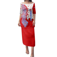 Puerto Rico Christmas Family Matching Puletasi and Hawaiian Shirt with Taino Symbols Palm Tree Bongos and Holiday Pattern Design - Wonder Print Shop