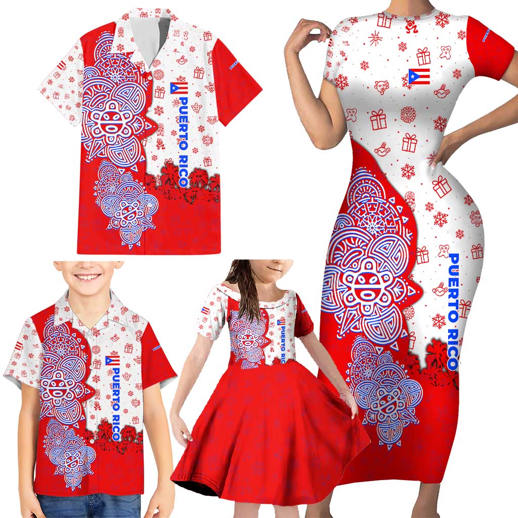 Puerto Rico Christmas Family Matching Short Sleeve Bodycon Dress and Hawaiian Shirt with Taino Symbols Palm Tree Bongos and Holiday Pattern Design - Wonder Print Shop