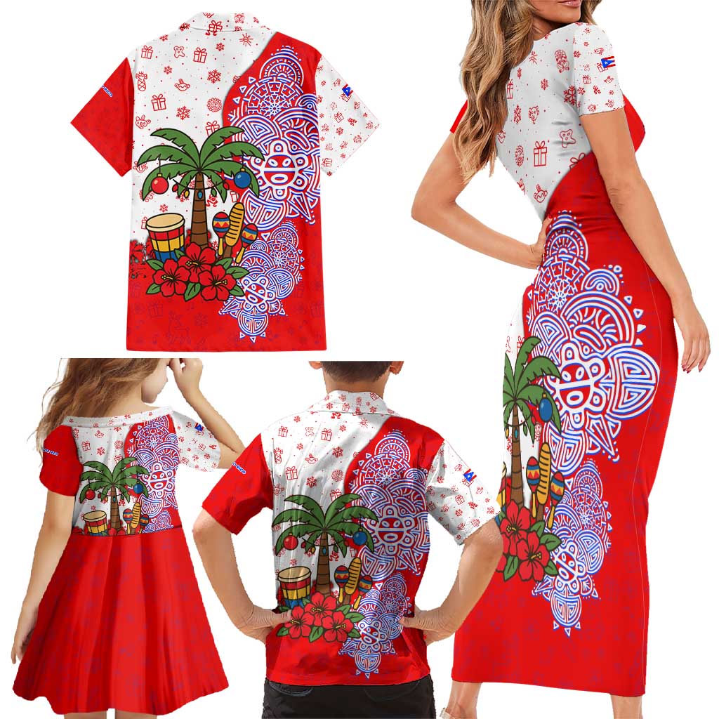 Puerto Rico Christmas Family Matching Short Sleeve Bodycon Dress and Hawaiian Shirt with Taino Symbols Palm Tree Bongos and Holiday Pattern Design - Wonder Print Shop