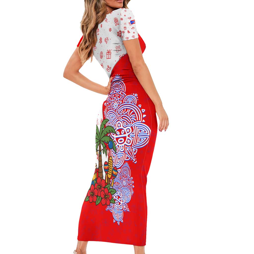 Puerto Rico Christmas Family Matching Short Sleeve Bodycon Dress and Hawaiian Shirt with Taino Symbols Palm Tree Bongos and Holiday Pattern Design - Wonder Print Shop