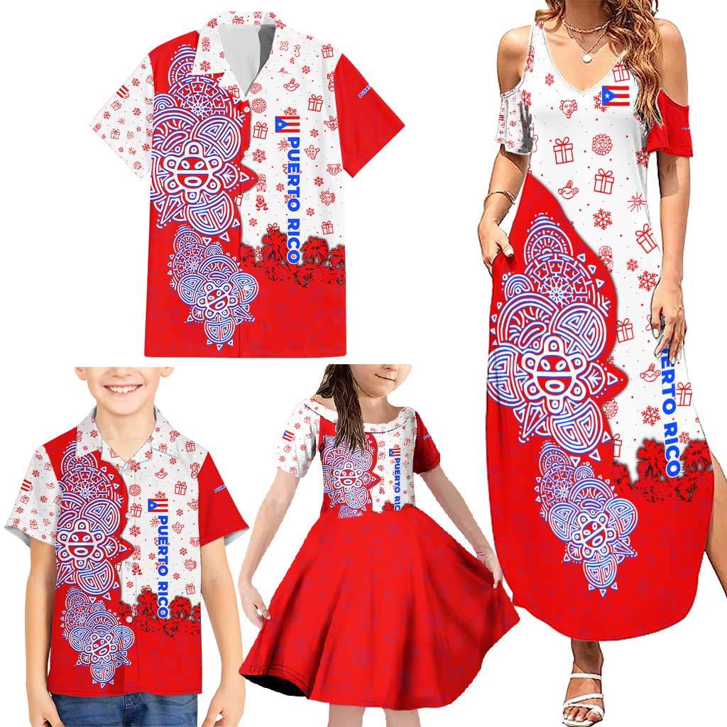 Puerto Rico Christmas Family Matching Summer Maxi Dress and Hawaiian Shirt with Taino Symbols Palm Tree Bongos and Holiday Pattern Design - Wonder Print Shop