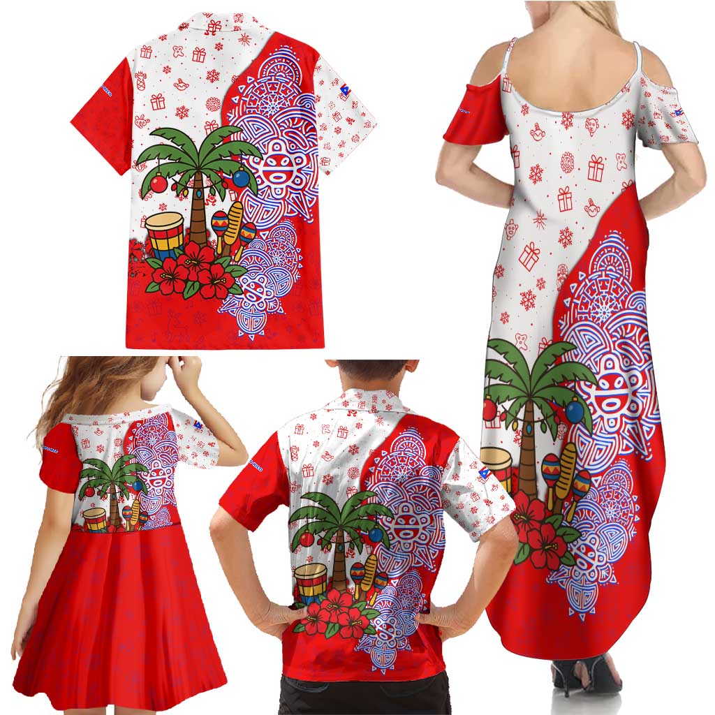 Puerto Rico Christmas Family Matching Summer Maxi Dress and Hawaiian Shirt with Taino Symbols Palm Tree Bongos and Holiday Pattern Design - Wonder Print Shop
