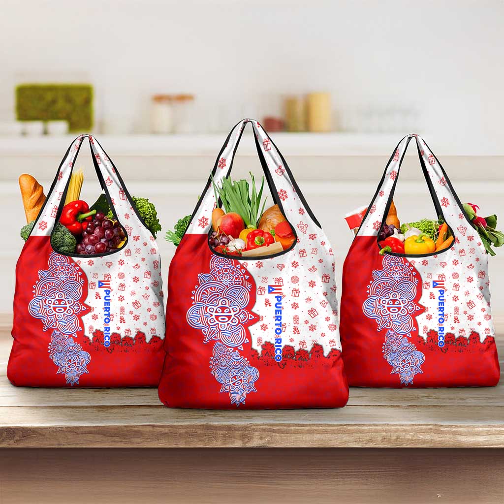 Puerto Rico Christmas Grocery Bag with Taino Symbols Palm Tree Bongos and Holiday Pattern Design - Wonder Print Shop
