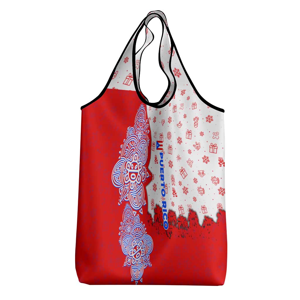 Puerto Rico Christmas Grocery Bag with Taino Symbols Palm Tree Bongos and Holiday Pattern Design - Wonder Print Shop