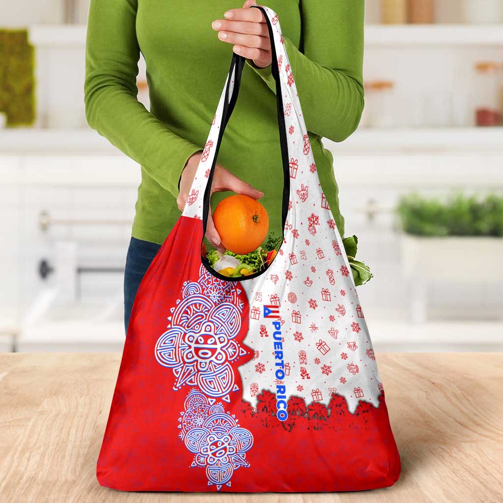 Puerto Rico Christmas Grocery Bag with Taino Symbols Palm Tree Bongos and Holiday Pattern Design - Wonder Print Shop