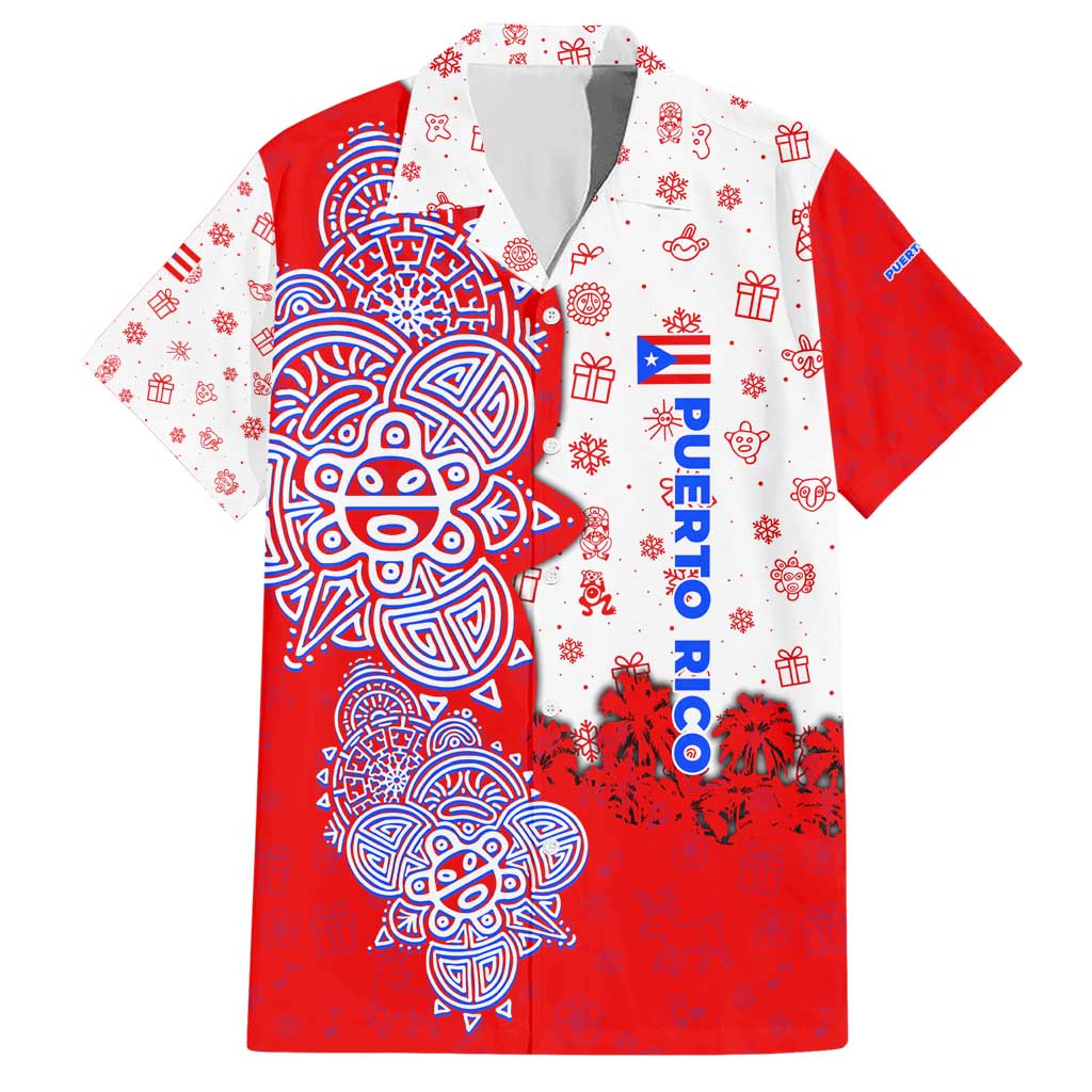 Puerto Rico Christmas Hawaiian Shirt with Taino Symbols Palm Tree Bongos and Holiday Pattern Design - Wonder Print Shop