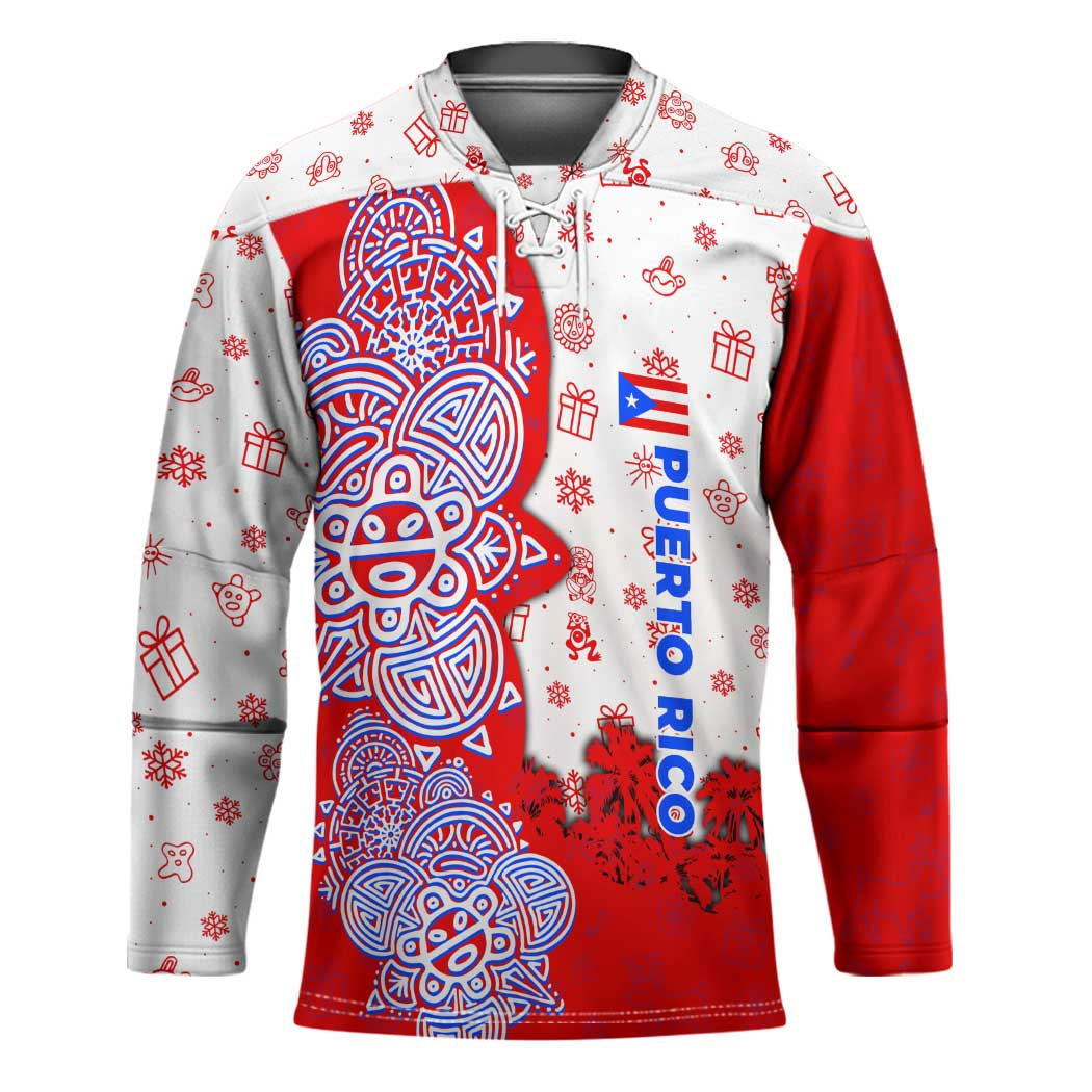 Puerto Rico Christmas Hockey Jersey with Taino Symbols Palm Tree Bongos and Holiday Pattern Design - Wonder Print Shop