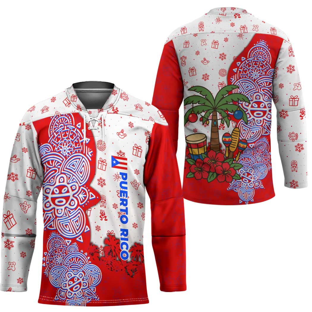 Puerto Rico Christmas Hockey Jersey with Taino Symbols Palm Tree Bongos and Holiday Pattern Design - Wonder Print Shop