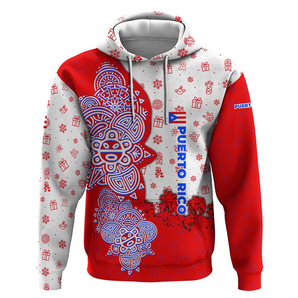 Puerto Rico Christmas Hoodie with Taino Symbols Palm Tree Bongos and Holiday Pattern Design - Wonder Print Shop
