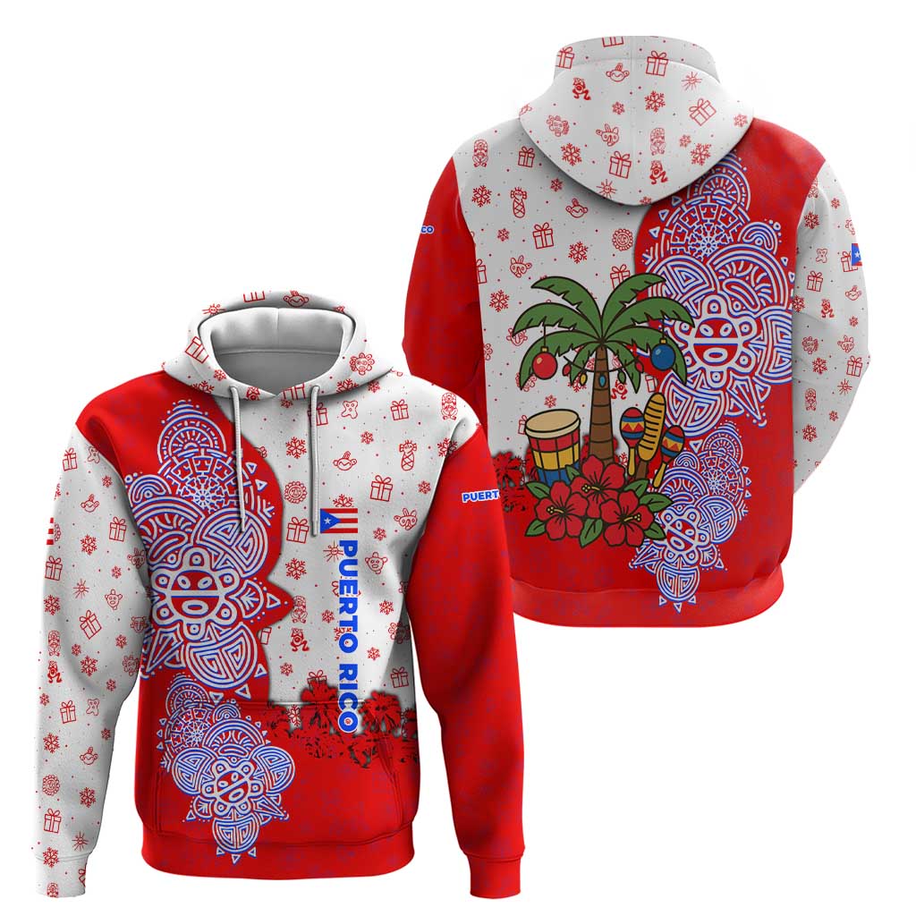 Puerto Rico Christmas Hoodie with Taino Symbols Palm Tree Bongos and Holiday Pattern Design - Wonder Print Shop