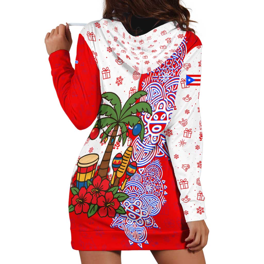 Puerto Rico Christmas Hoodie Dress with Taino Symbols Palm Tree Bongos and Holiday Pattern Design - Wonder Print Shop