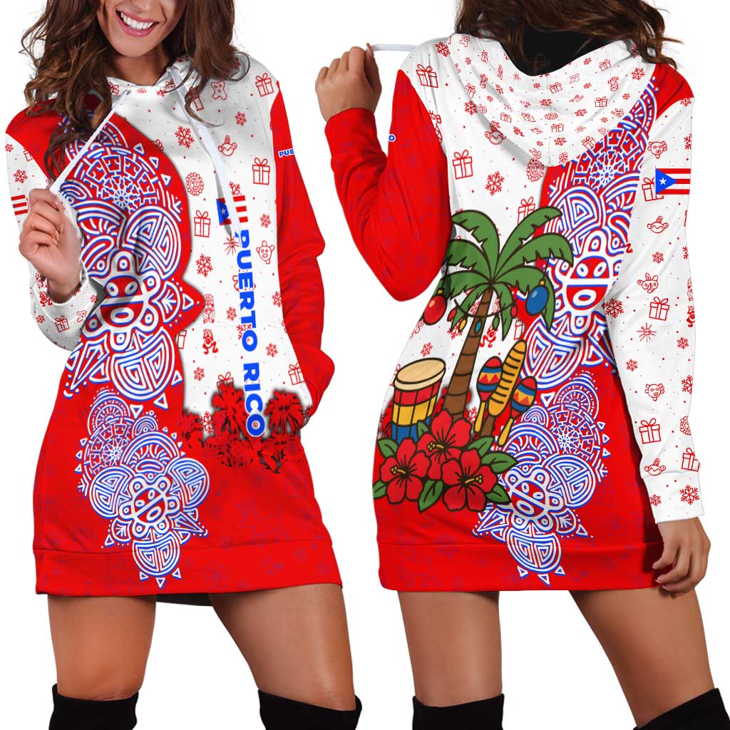 Puerto Rico Christmas Hoodie Dress with Taino Symbols Palm Tree Bongos and Holiday Pattern Design - Wonder Print Shop