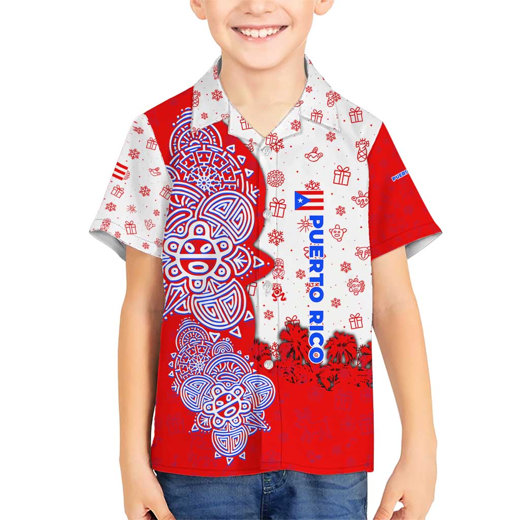 Puerto Rico Christmas Kid Hawaiian Shirt with Taino Symbols Palm Tree Bongos and Holiday Pattern Design - Wonder Print Shop