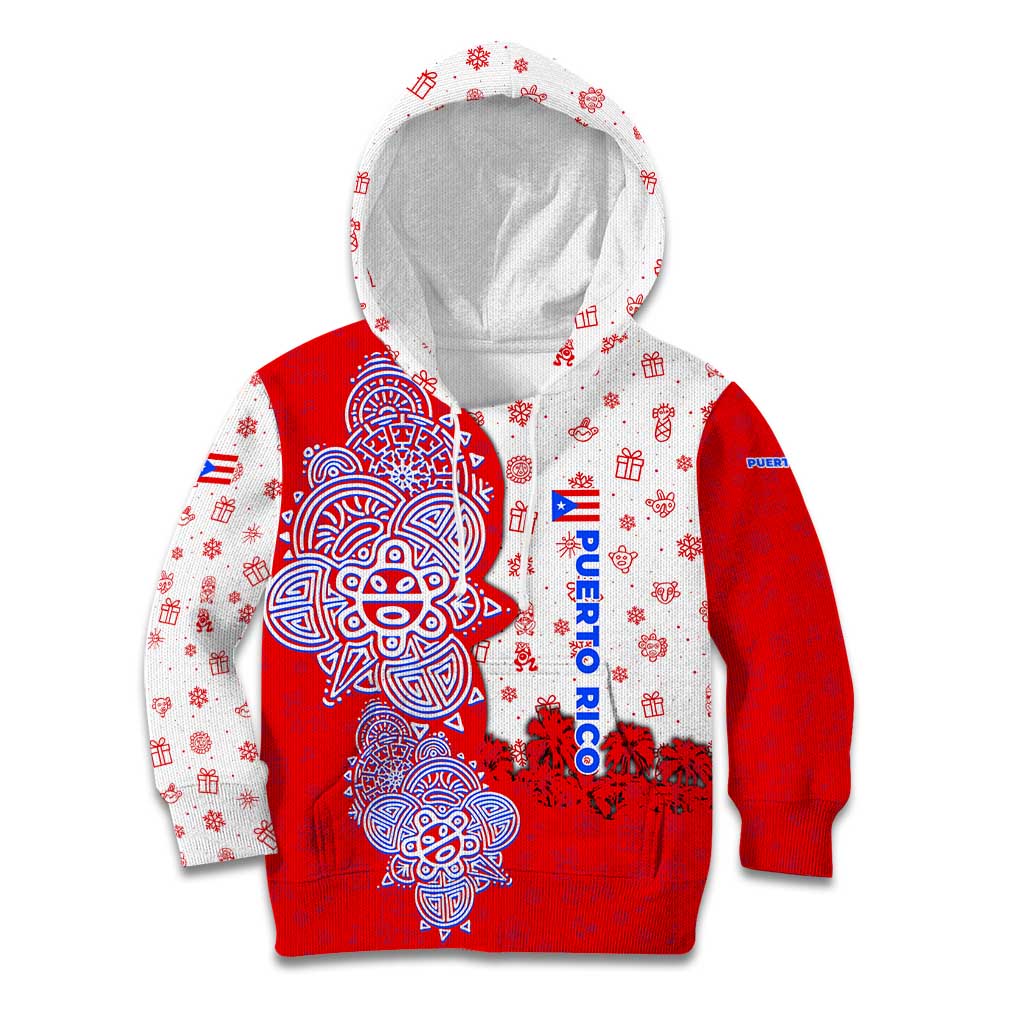 Puerto Rico Christmas Kid Hoodie with Taino Symbols Palm Tree Bongos and Holiday Pattern Design - Wonder Print Shop