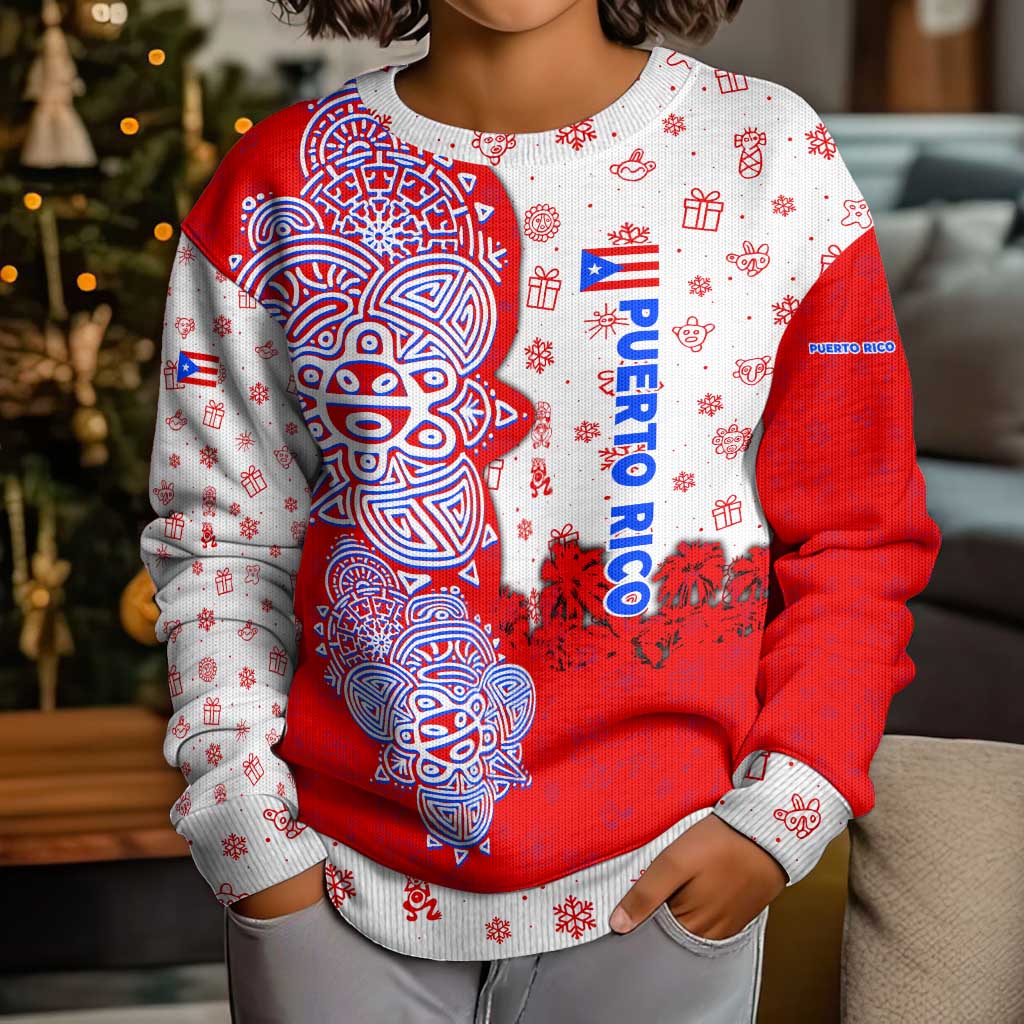 Puerto Rico Christmas Kid Ugly Christmas Sweater with Taino Symbols Palm Tree Bongos and Holiday Pattern Design - Wonder Print Shop