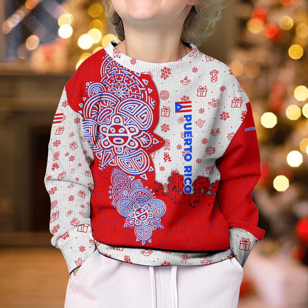 Puerto Rico Christmas Kid Ugly Christmas Sweater with Taino Symbols Palm Tree Bongos and Holiday Pattern Design - Wonder Print Shop