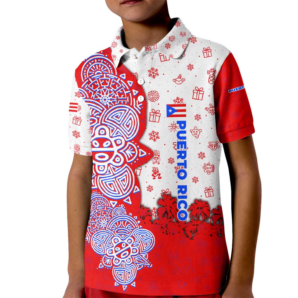 Puerto Rico Christmas Kid Polo Shirt with Taino Symbols Palm Tree Bongos and Holiday Pattern Design - Wonder Print Shop
