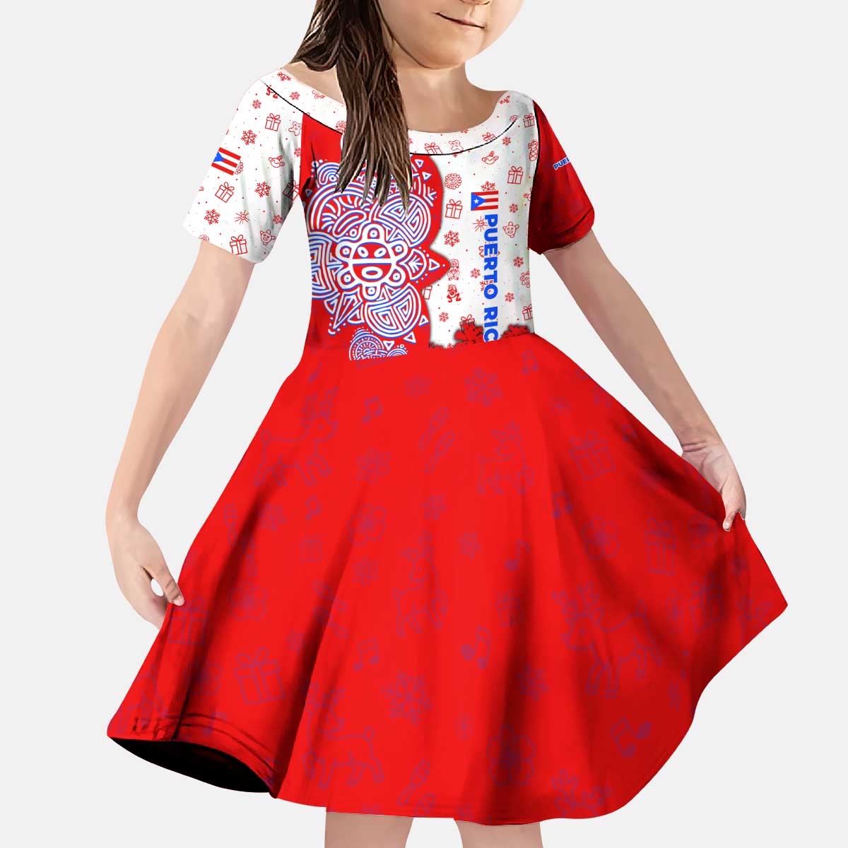 Puerto Rico Christmas Kid Short Sleeve Dress with Taino Symbols Palm Tree Bongos and Holiday Pattern Design - Wonder Print Shop
