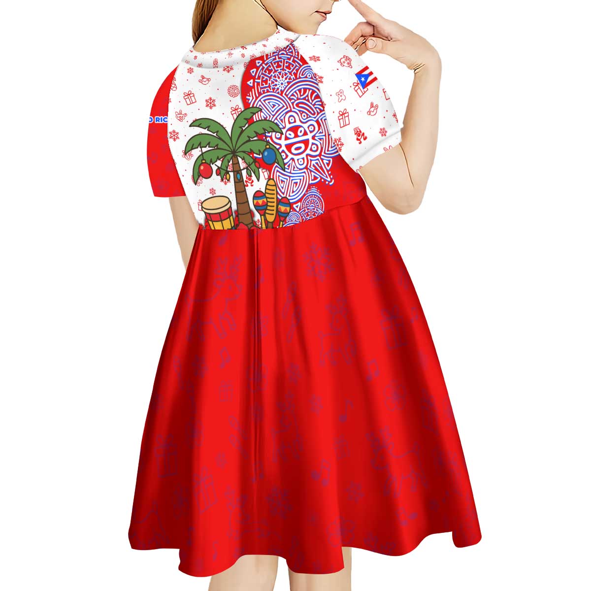 Puerto Rico Christmas Kid Short Sleeve Dress with Taino Symbols Palm Tree Bongos and Holiday Pattern Design - Wonder Print Shop