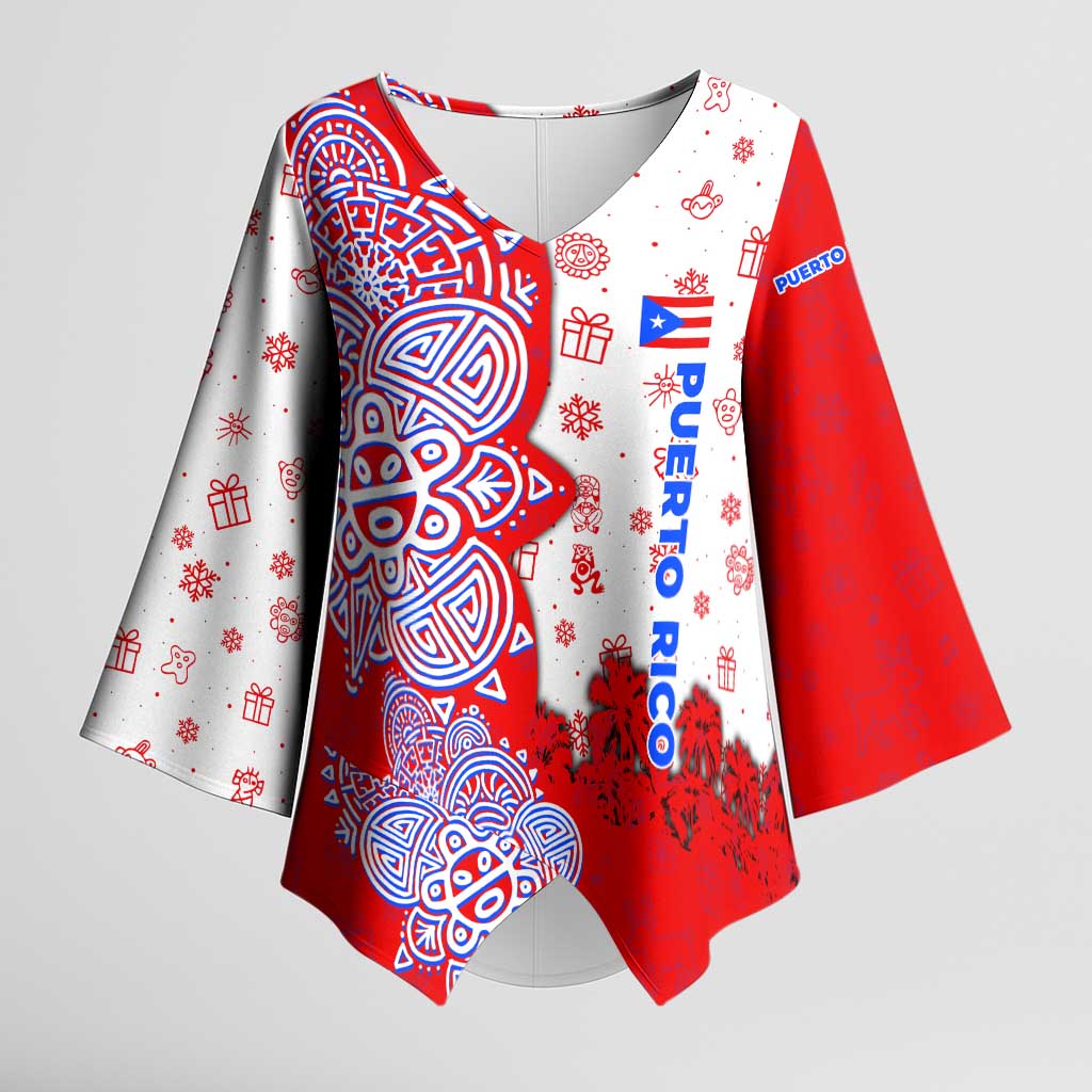 Puerto Rico Christmas Kimono Sleeve Blouse with Taino Symbols Palm Tree Bongos and Holiday Pattern Design - Wonder Print Shop