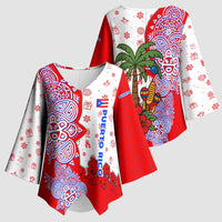 Puerto Rico Christmas Kimono Sleeve Blouse with Taino Symbols Palm Tree Bongos and Holiday Pattern Design - Wonder Print Shop