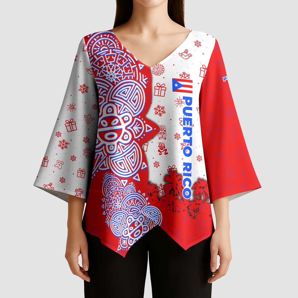 Puerto Rico Christmas Kimono Sleeve Blouse with Taino Symbols Palm Tree Bongos and Holiday Pattern Design - Wonder Print Shop
